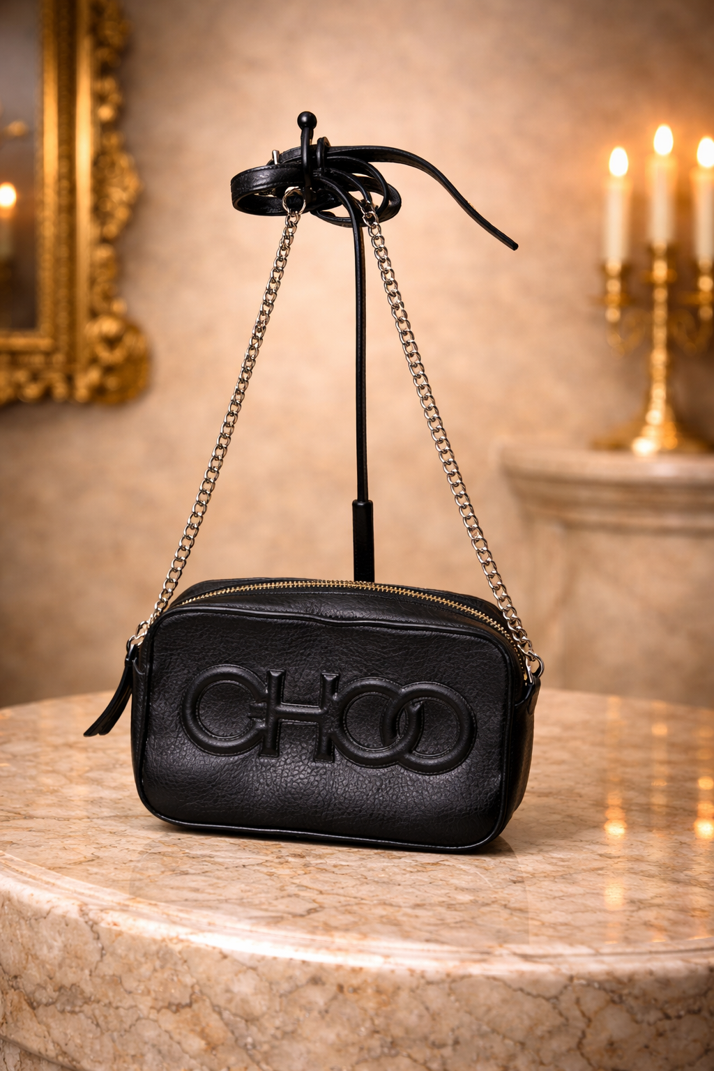 Jimmy Choo Balti Embossed Black Leather Camera Crossbody Bag